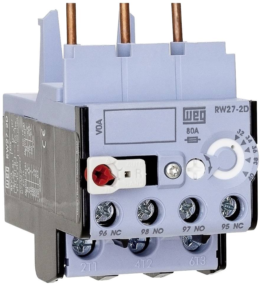 Electrical relay with a blue cover and multiple copper connections. Shows input and output terminals along with switch details.