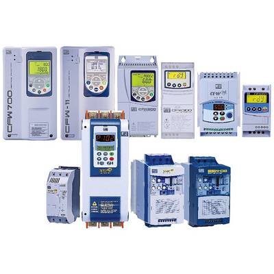 A selection of electrical control devices in various sizes and designs, including frequency converters and controllers with digital displays.