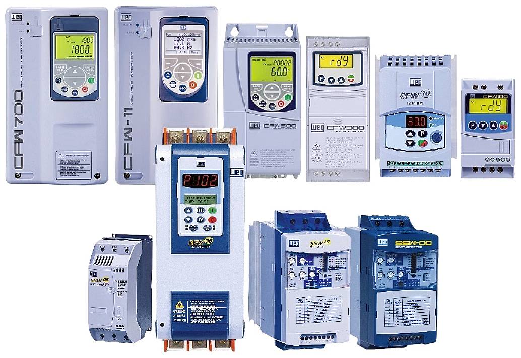 Several industrial frequency converters in various sizes and models, suitable for different control and application requirements.