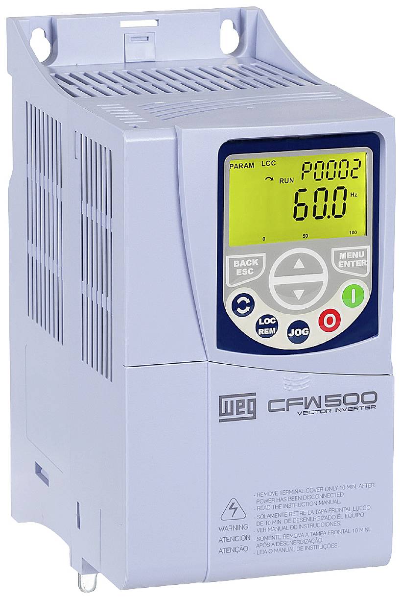 A WEG CFW500 frequency inverter displays a reading of 60.0 Hz on the screen.