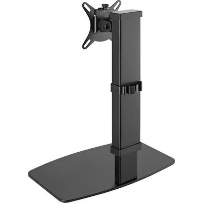 'Black metal monitor stand with adjustable height and square base.'
