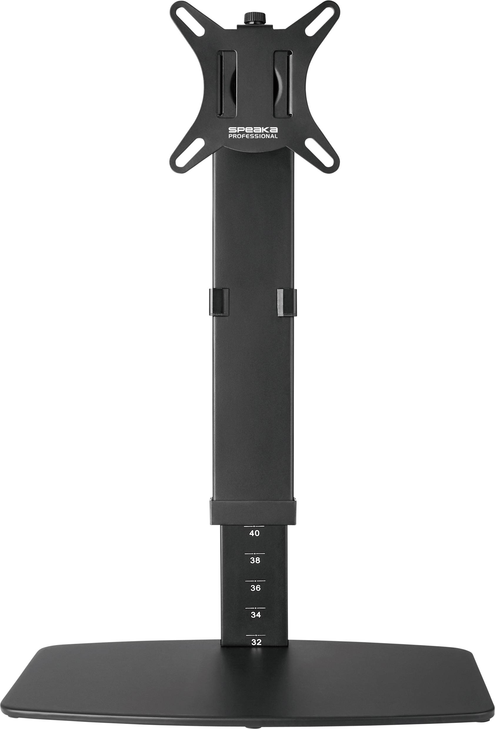 A black monitor stand with height-adjustable mounting. The scale shows height markings from 32 to 40. Suitable for flat-screen monitors.