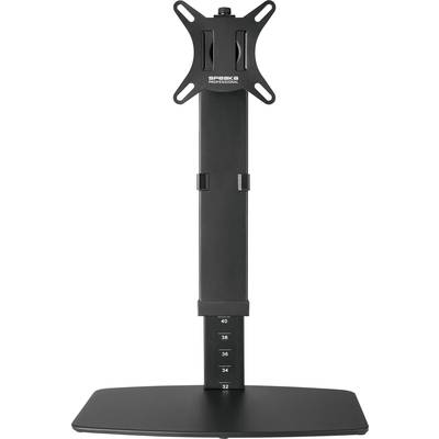 A black monitor stand with height-adjustable mounting. The scale shows height markings from 32 to 40. Suitable for flat-screen monitors.
