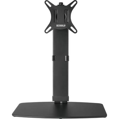 A black, height-adjustable TV stand with a flat base, suitable for monitors. Brand name 'Speaka Professional'.