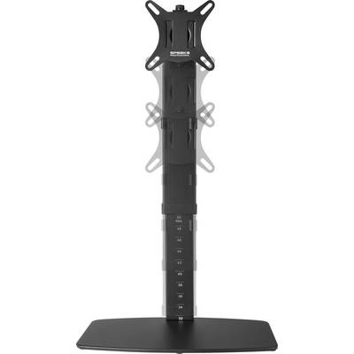 A black monitor stand with height-adjustable stand, standing upright. Suitable for two monitors, with a sturdy base.
