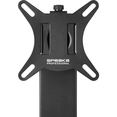Black monitor mount with 'SPEAKA PROFESSIONAL' inscription, adjustable mounting holes, suitable for various screen sizes.