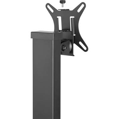 Metal mounting bracket for monitor or TV screen, adjustable, black. Suitable for mounting on various surfaces.