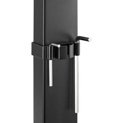 A black mounting set with two silver hexagonal Allen keys secured to a vertical, black metal post.