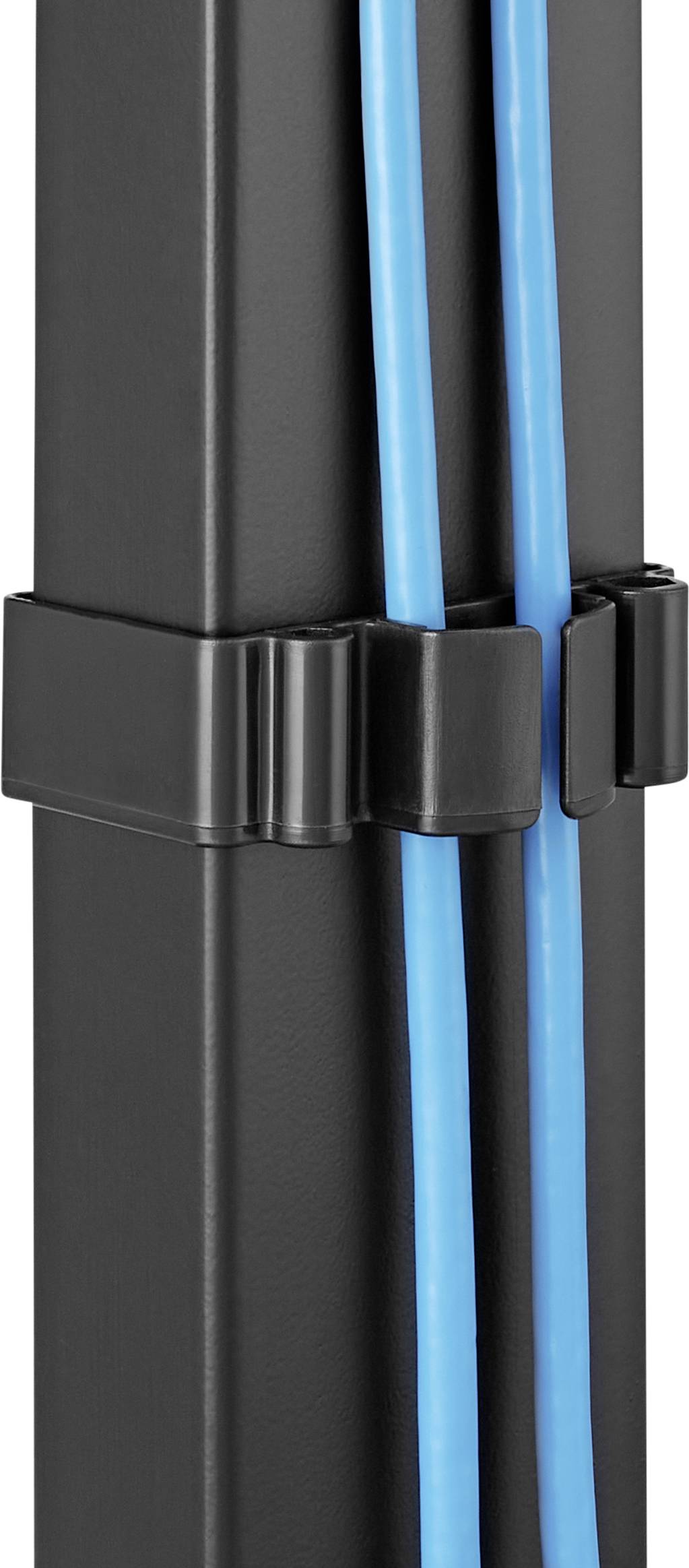 A black cable trunking organises and conceals two blue cables against a wall.