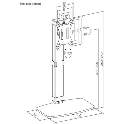 Drawing of an adjustable monitor stand with dimensions in millimetres: height 320-540 mm, angle from +50° to -20°, rotation ±180°.