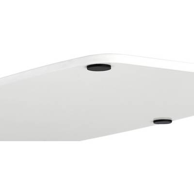 Bottom corner of a white table with three black, round felt gliders that serve to protect the floor from scratches.