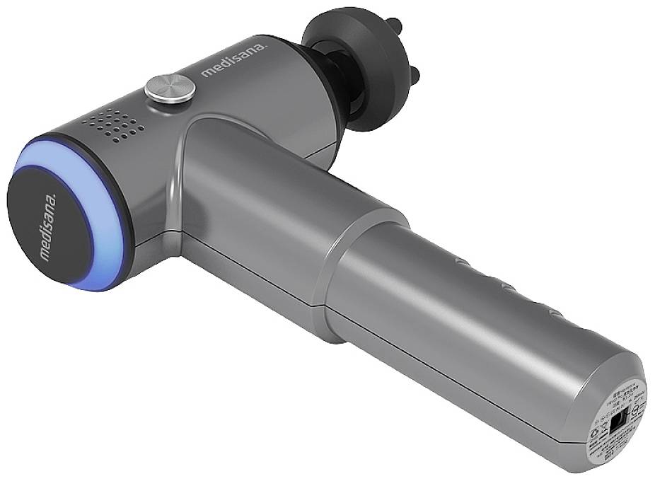 Hand massage device in grey with a blue illuminated ring on the head. It has a handle and a round massage attachment.