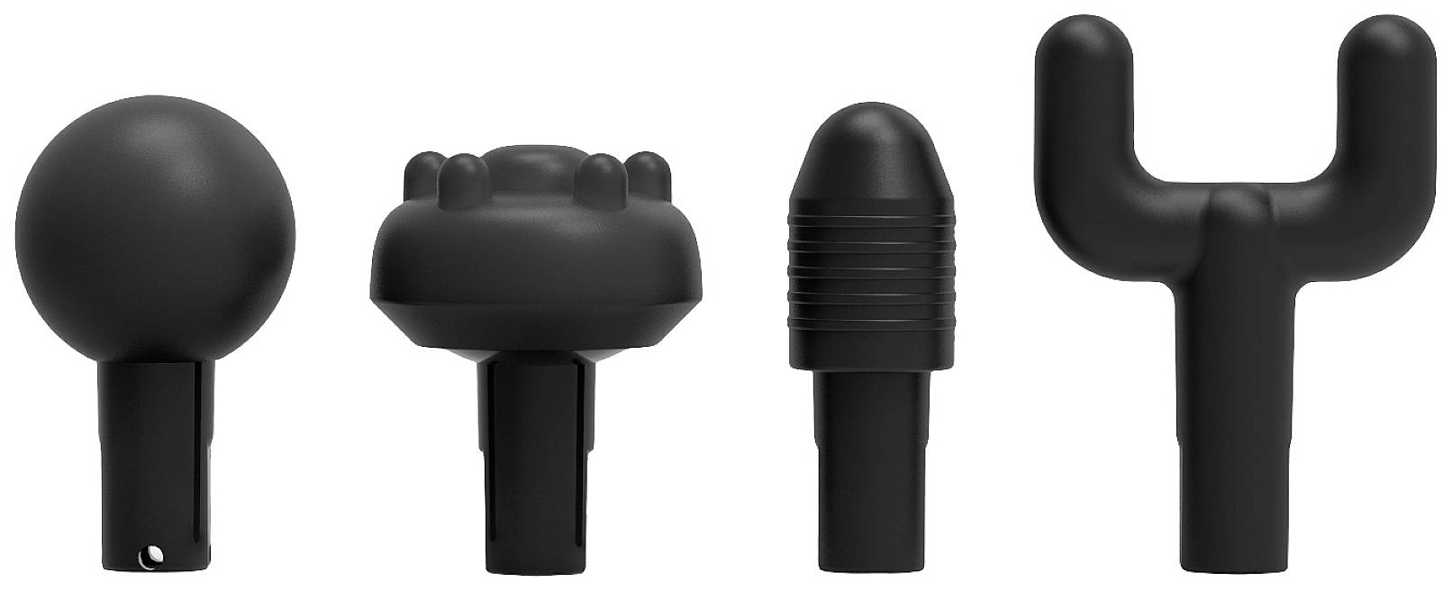 Four black massage attachments in different shapes: ball, flat with raised sections, tapered and ribbed, and U-shaped.