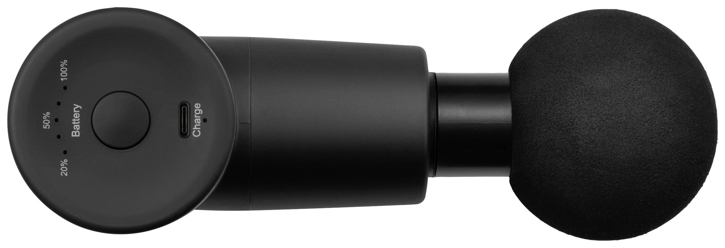 Black massage device with round massage head, a charging indicator showing 'Battery' 20%, 50%, 100%.