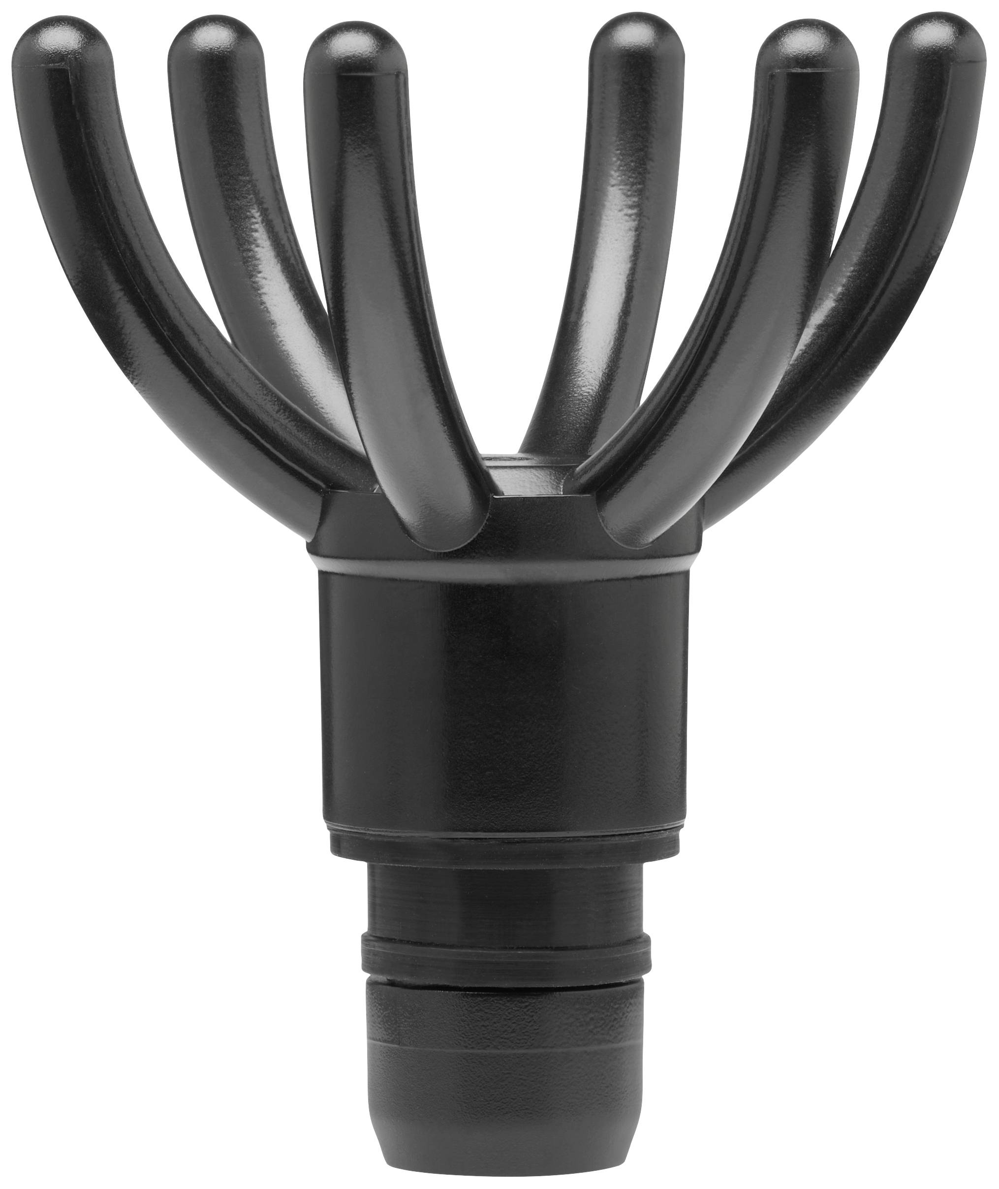 Black nozzle with multiple curved arms, used for uniform distribution or dispersion in technical applications.