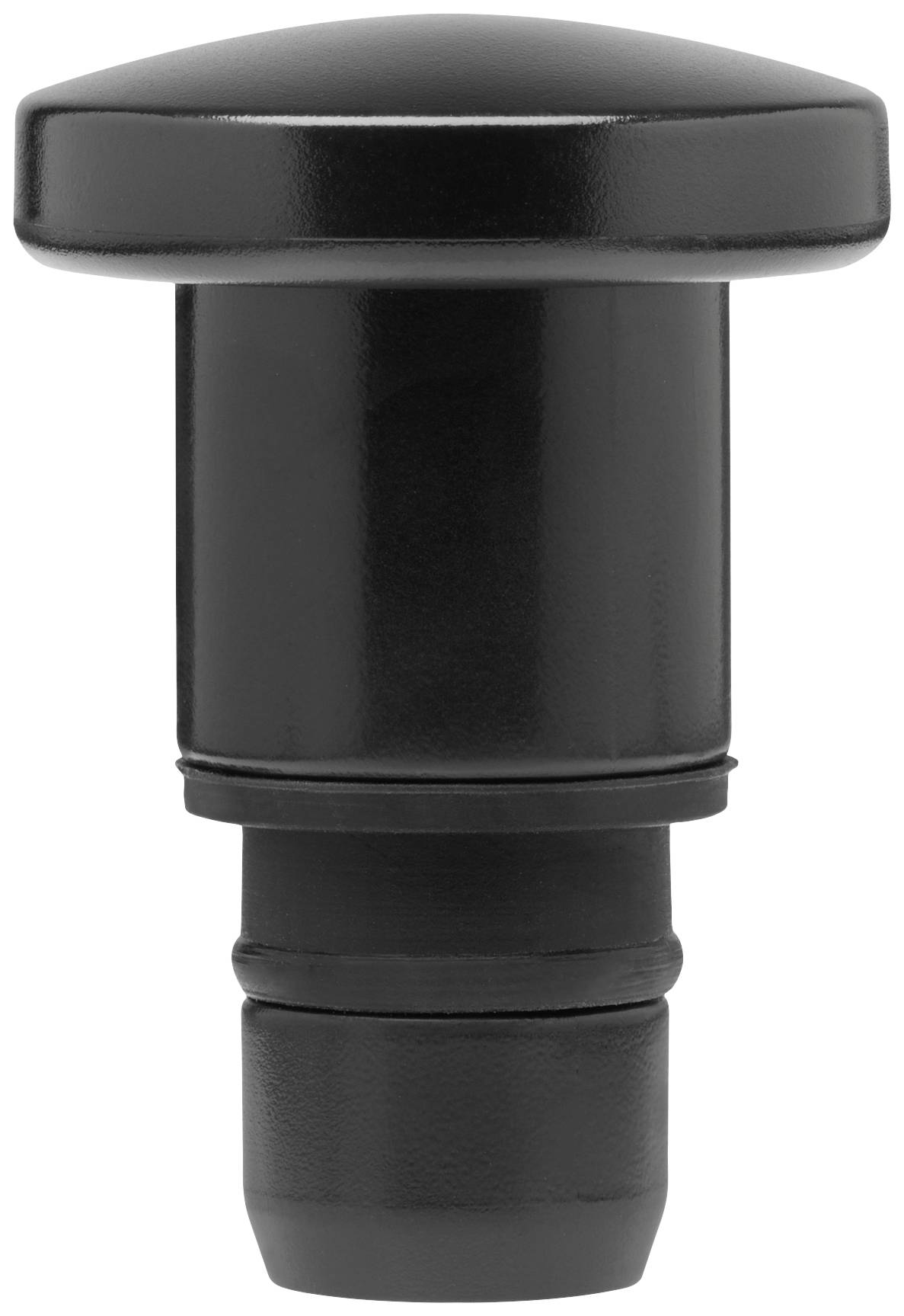 A black bottle stopper with a round handle, suitable for red wine bottles. Rugged and minimalist design.