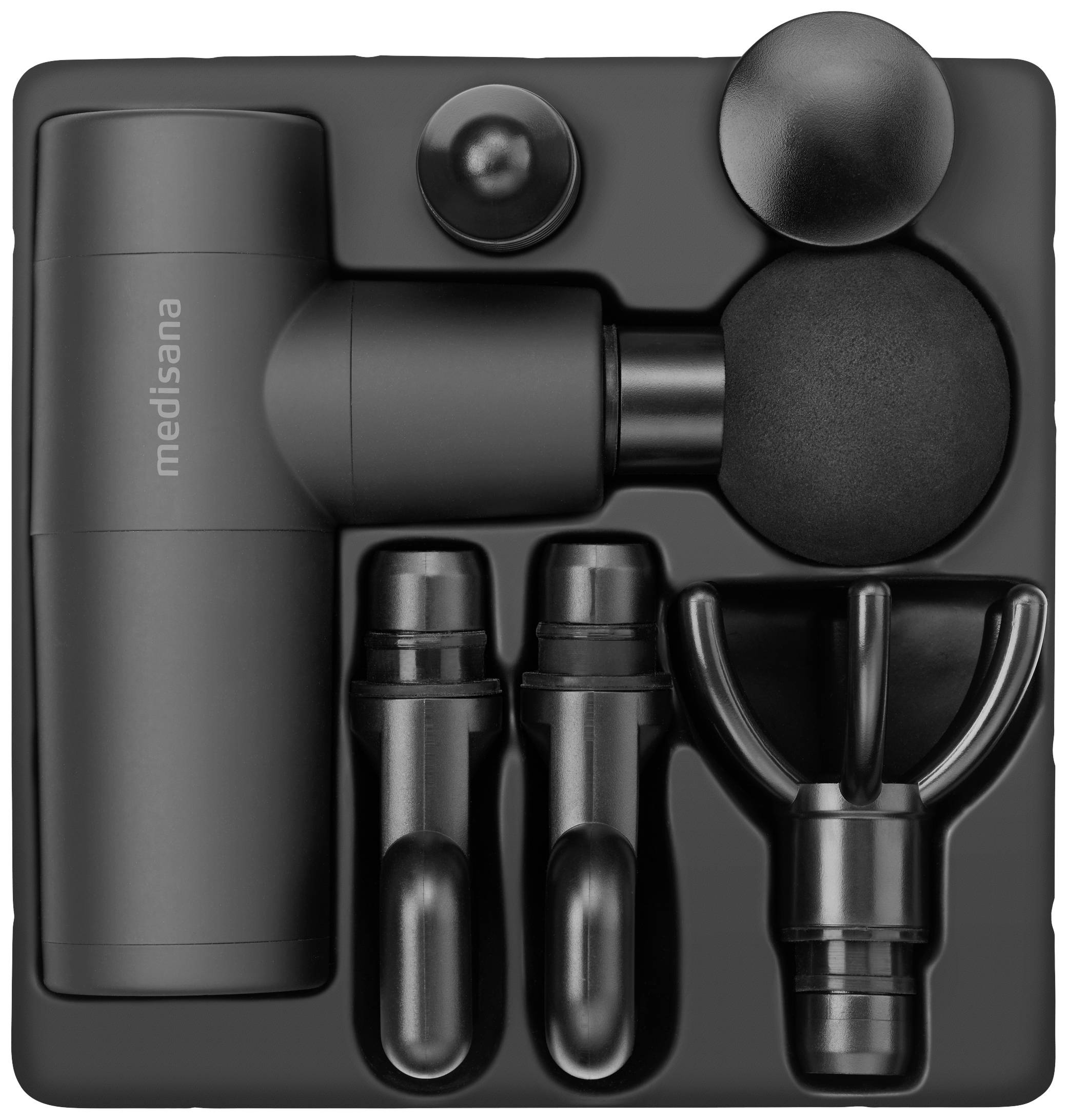 A massage device with several black attachments in different shapes: spherical, flat, forked, and conical.