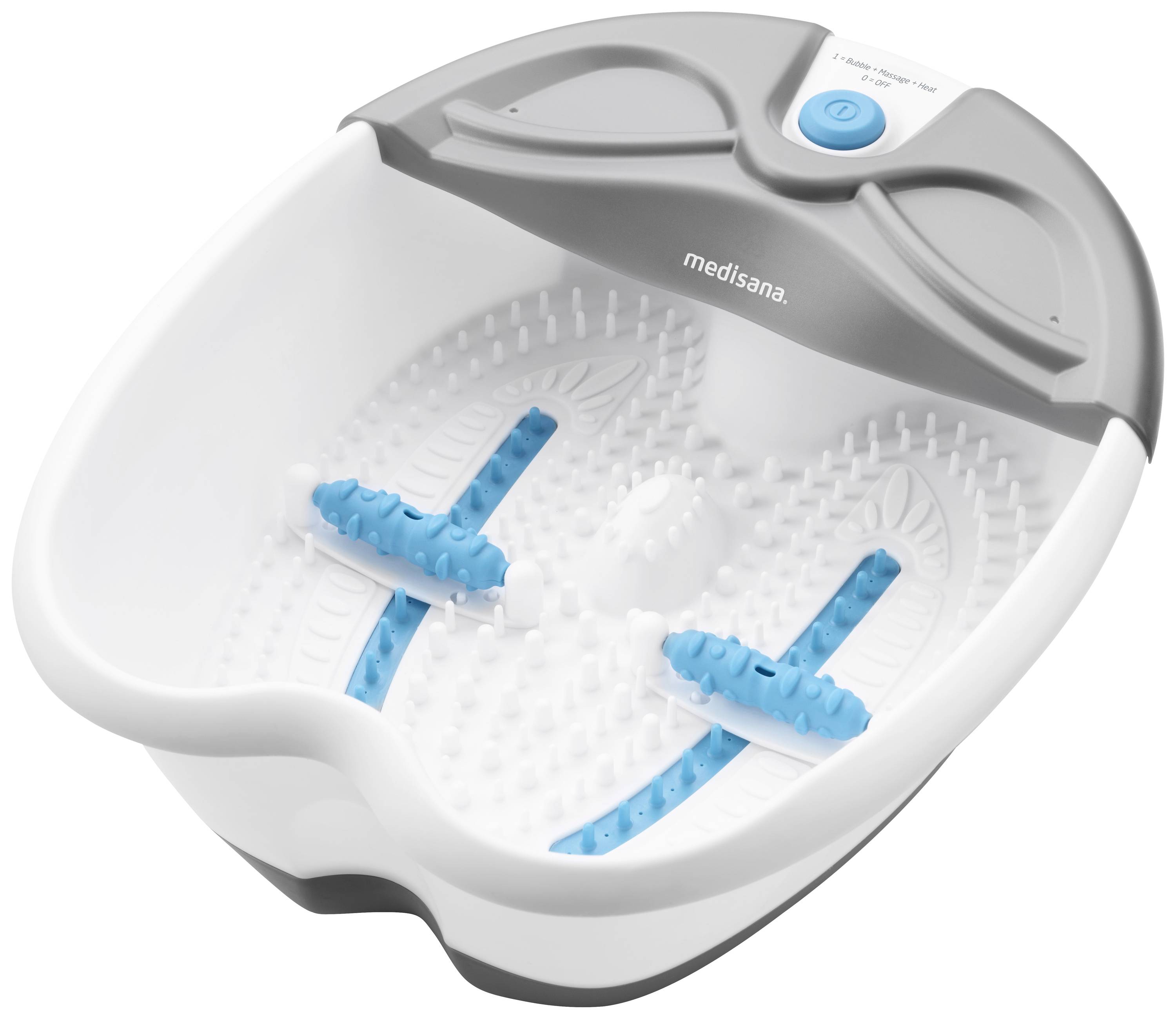 Foot spa with massage function, white and grey design, blue massage rollers and textured surface for foot care and relaxation.