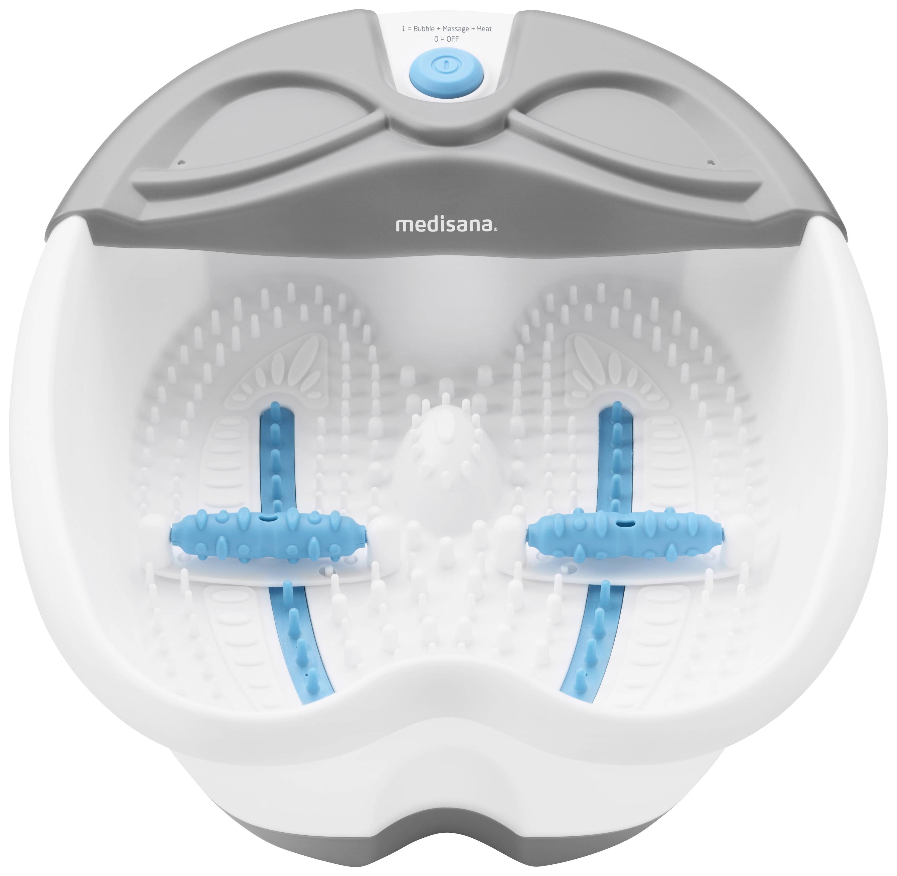 Foot spa with massage bumps and blue rollers for foot relaxation. Top surface with grey trim and white interior.
