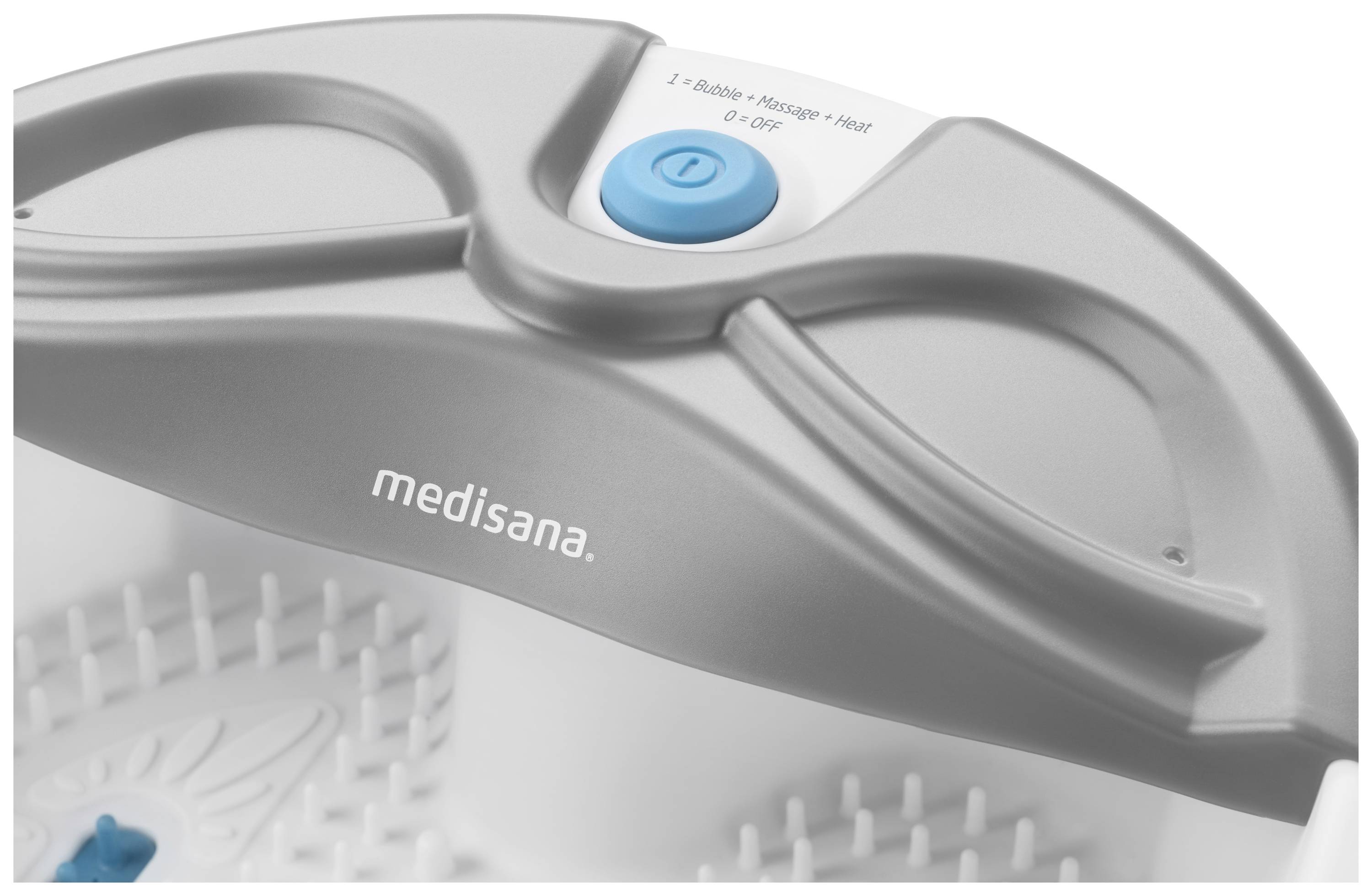 Foot spa in grey with blue button by Medisana, offering features such as bubbling, massage and heating for foot care.<br><br>Foot spa in grey with blue button by Medisana, providing functions like bubbling, massage and heating for foot treatment.