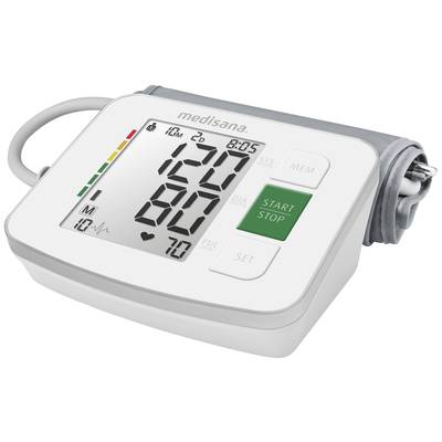 Blood pressure monitor with digital display showing readings of 120 over 80 mmHg. The time is 8:05. Buttons for start/stop and settings.