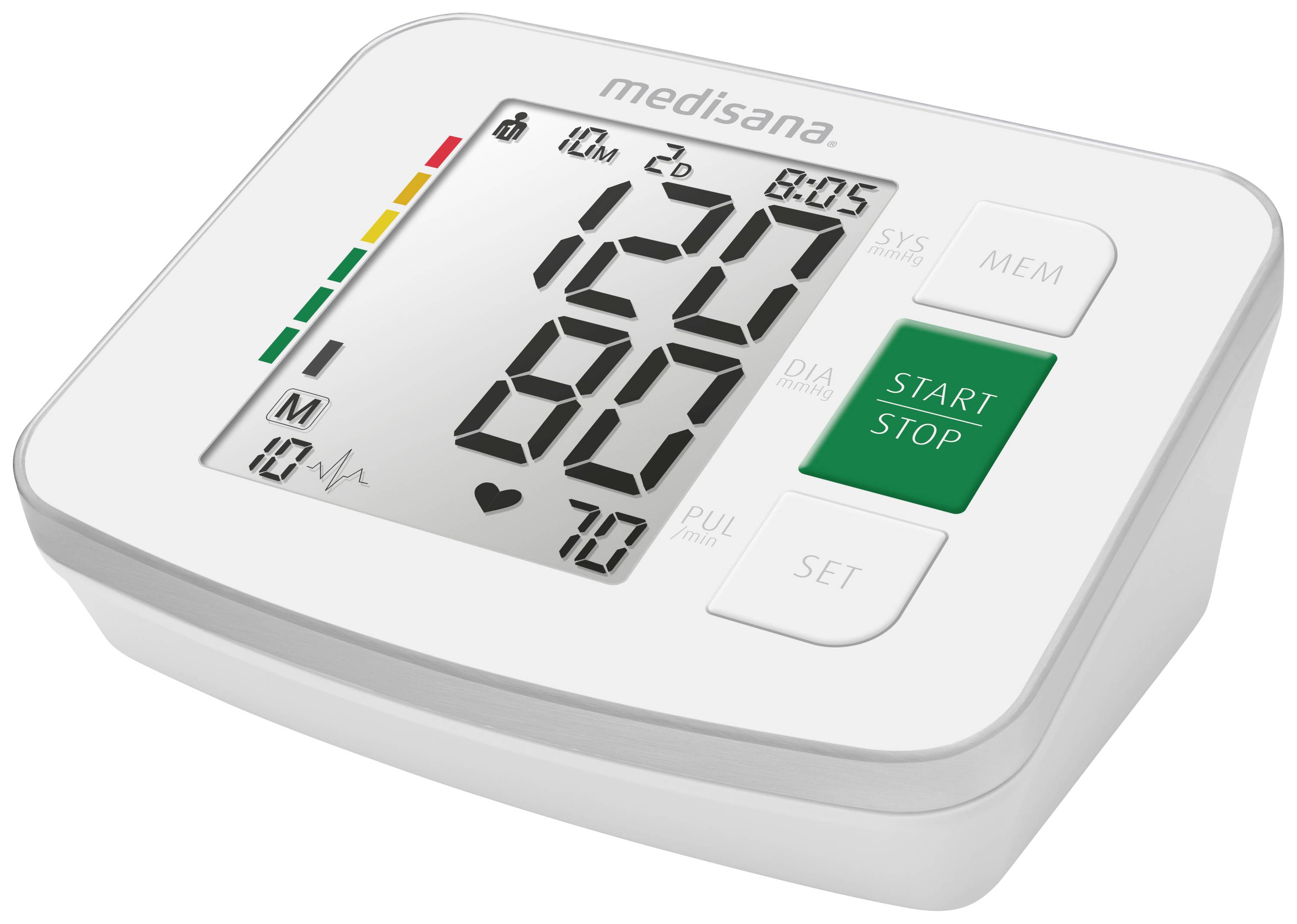 Blood pressure monitor with large display showing systolic pressure of 120, diastolic pressure of 80, and pulse of 70. 'START STOP' button.