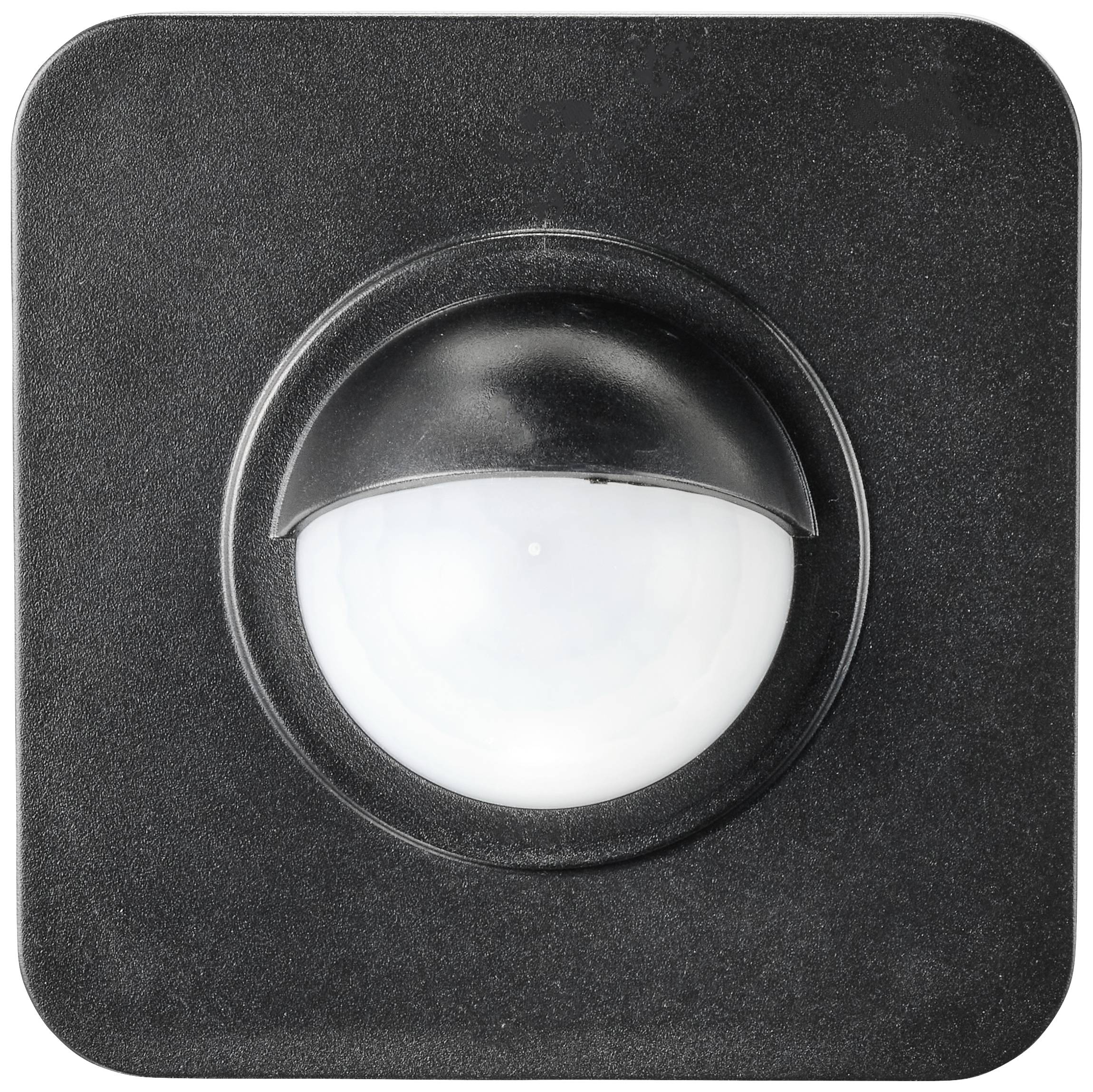 Black square motion sensor with rounded dome, suitable for indoor or outdoor surveillance.