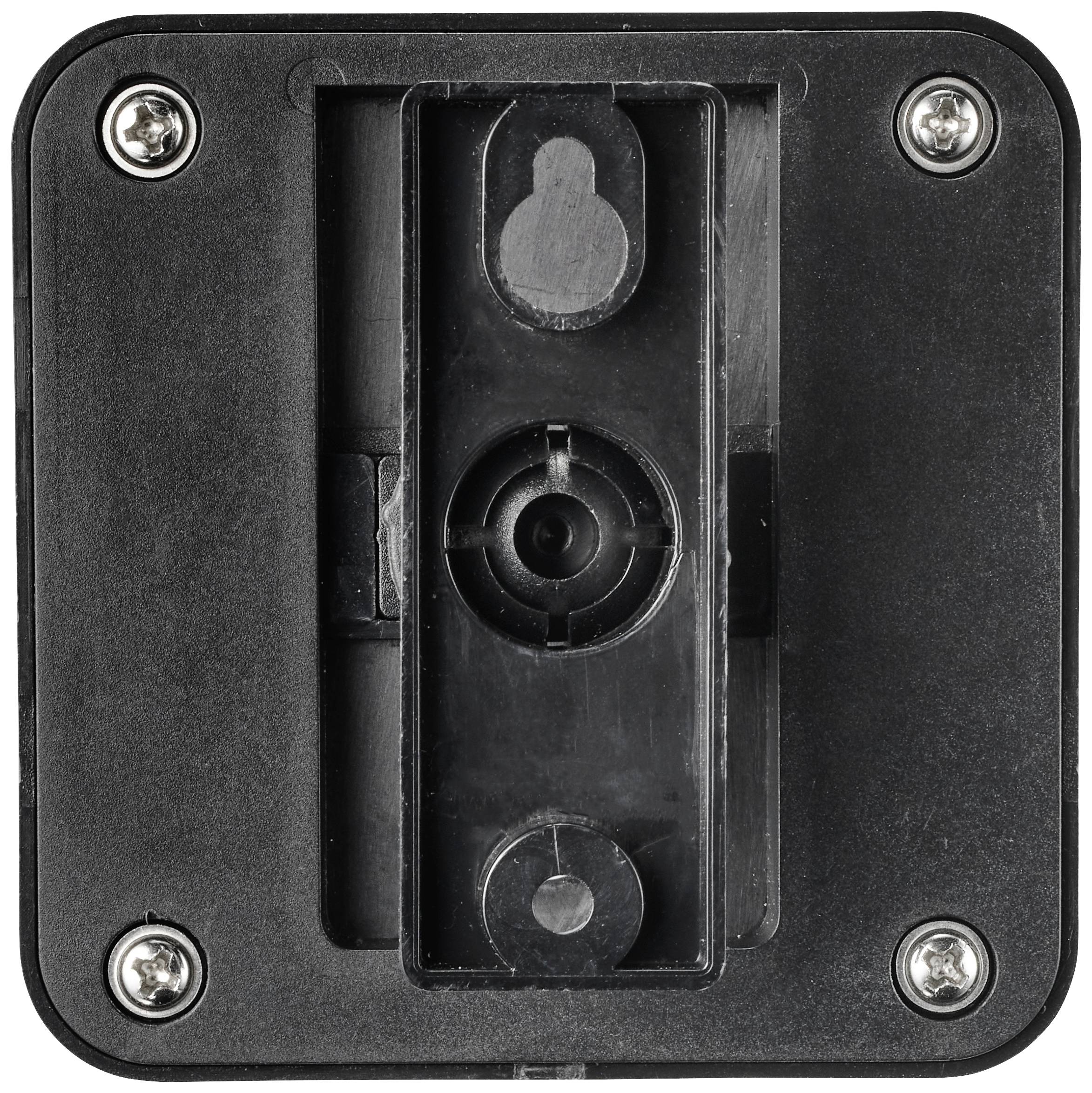 A black rectangular plastic plate with four silver screws at the corners and a central opening for mounting.