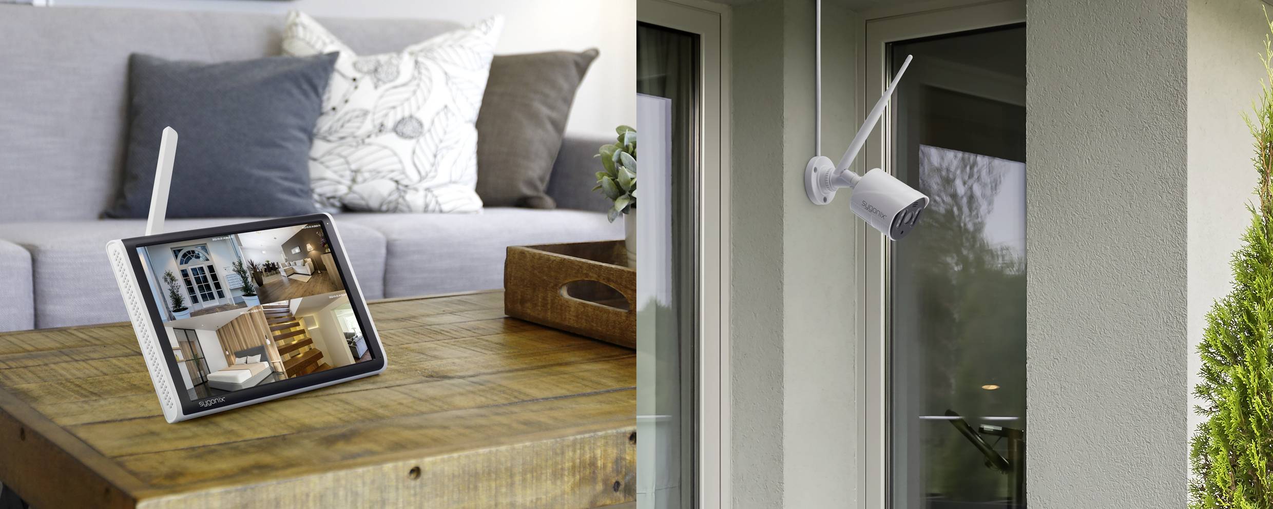 A tablet on a wooden table displays camera images of interior spaces. Outside, a security camera is mounted on a house wall.