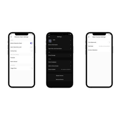 'Three smartphone screens display various settings: alarm settings, device settings, and basic functions.'