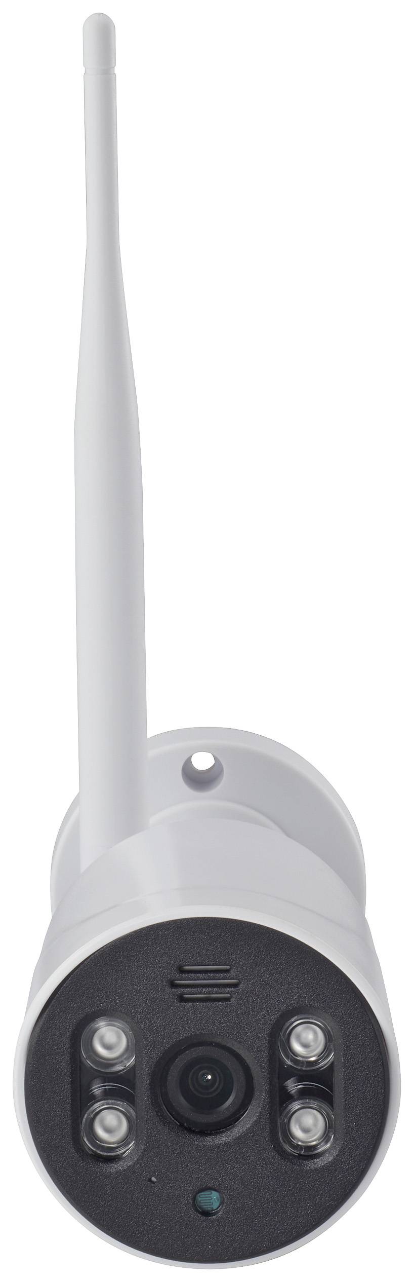 White surveillance camera with an antenna in a cylindrical form, featuring a central camera lens and four external LED lights.