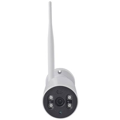 White surveillance camera with an antenna in a cylindrical form, featuring a central camera lens and four external LED lights.