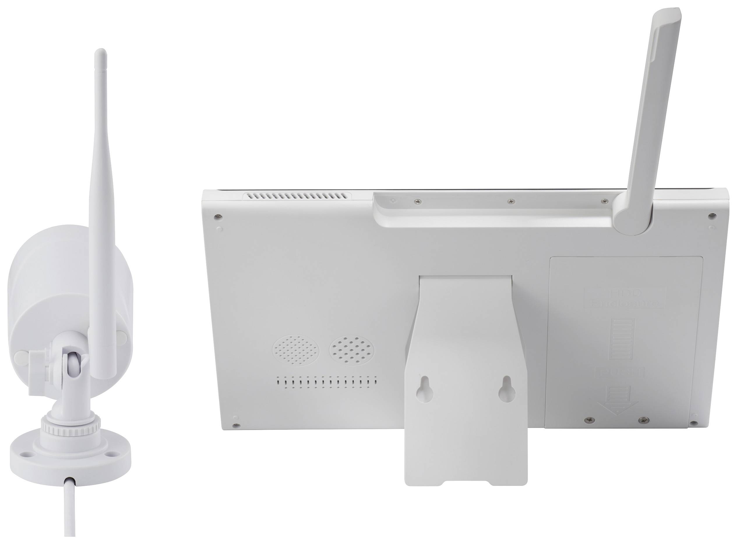 A white, wireless surveillance camera and a screen with aerials, presumably part of a security system.