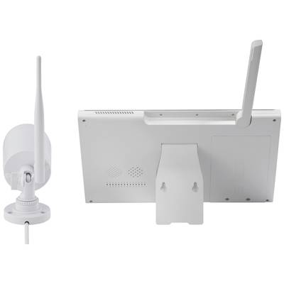 A white, wireless surveillance camera and a screen with aerials, presumably part of a security system.