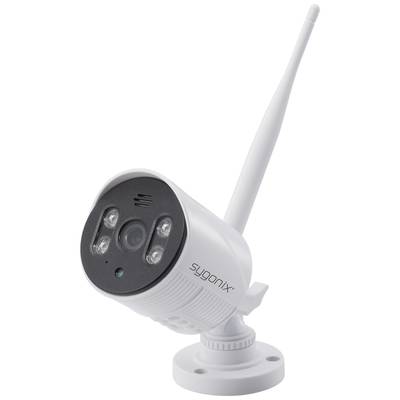 Wall-mountable surveillance camera with antenna. Round black front panel with multiple lenses and LEDs, labelled 'sygonix'.
