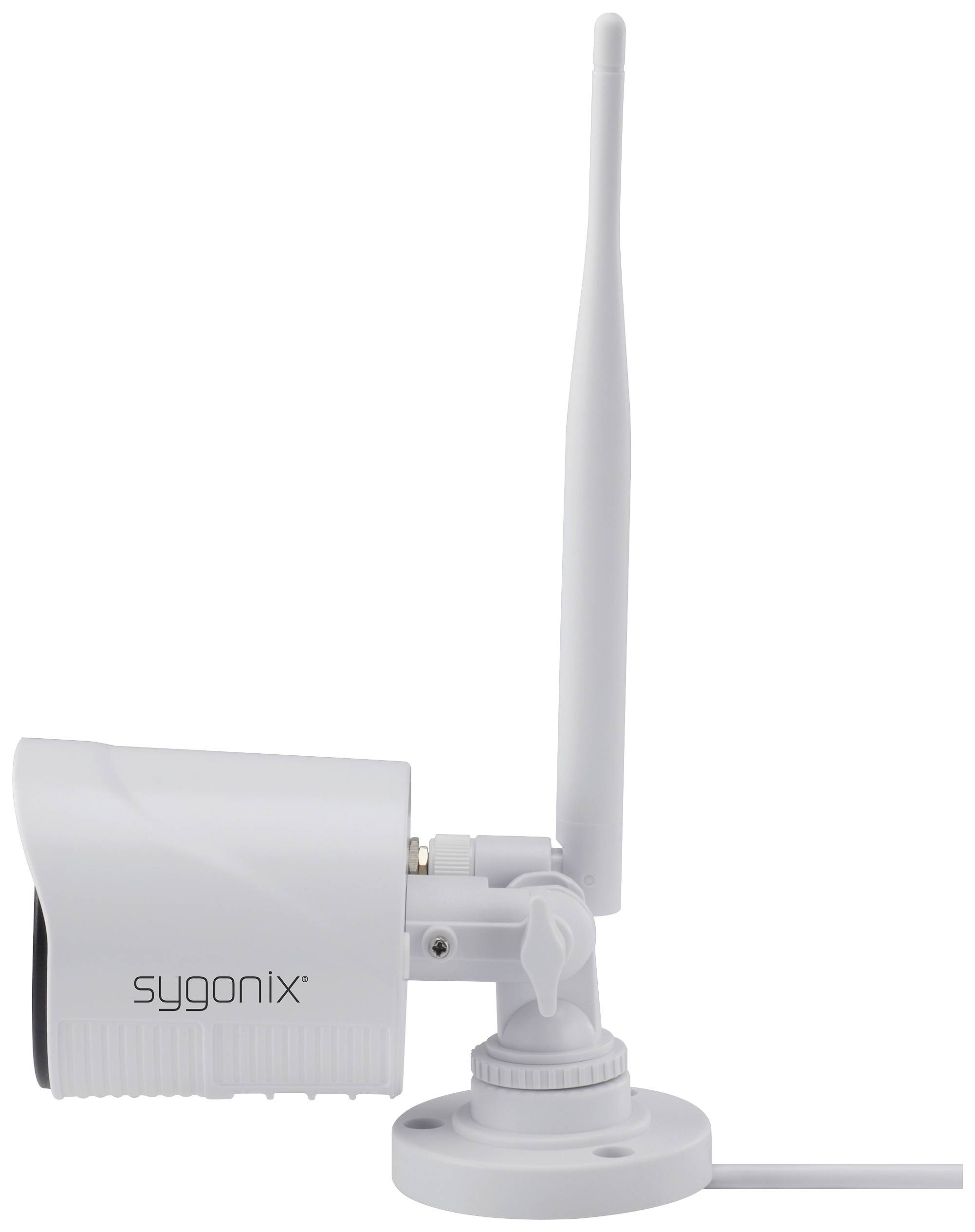 Side view of a white surveillance camera with an antenna, mounted on a circular bracket.