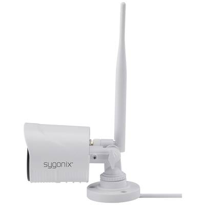 Side view of a white surveillance camera with an antenna, mounted on a circular bracket.