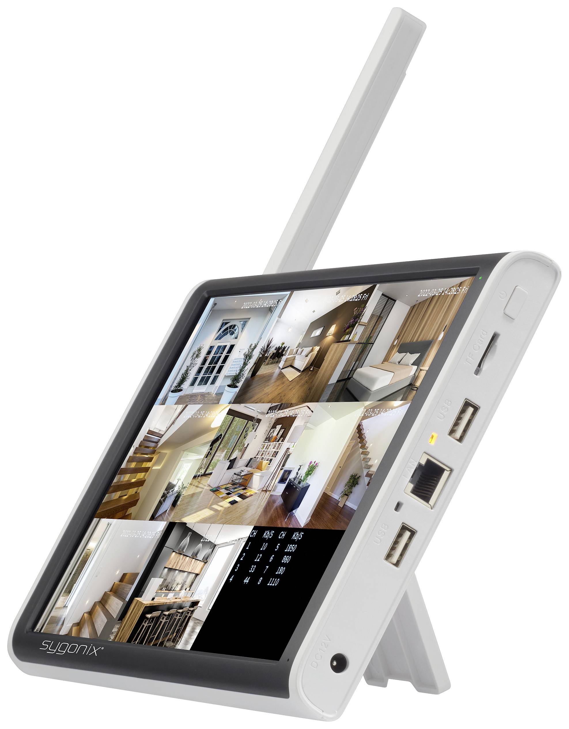 A digital surveillance device with multiple screens displays security camera images from various rooms in a house.