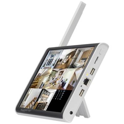 A digital surveillance device with multiple screens displays security camera images from various rooms in a house.