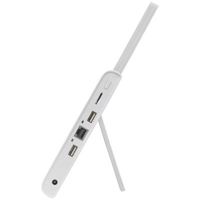 A white Wi-Fi router with one antenna, multiple ports, including two USB ports and an Ethernet port, shown in profile view.