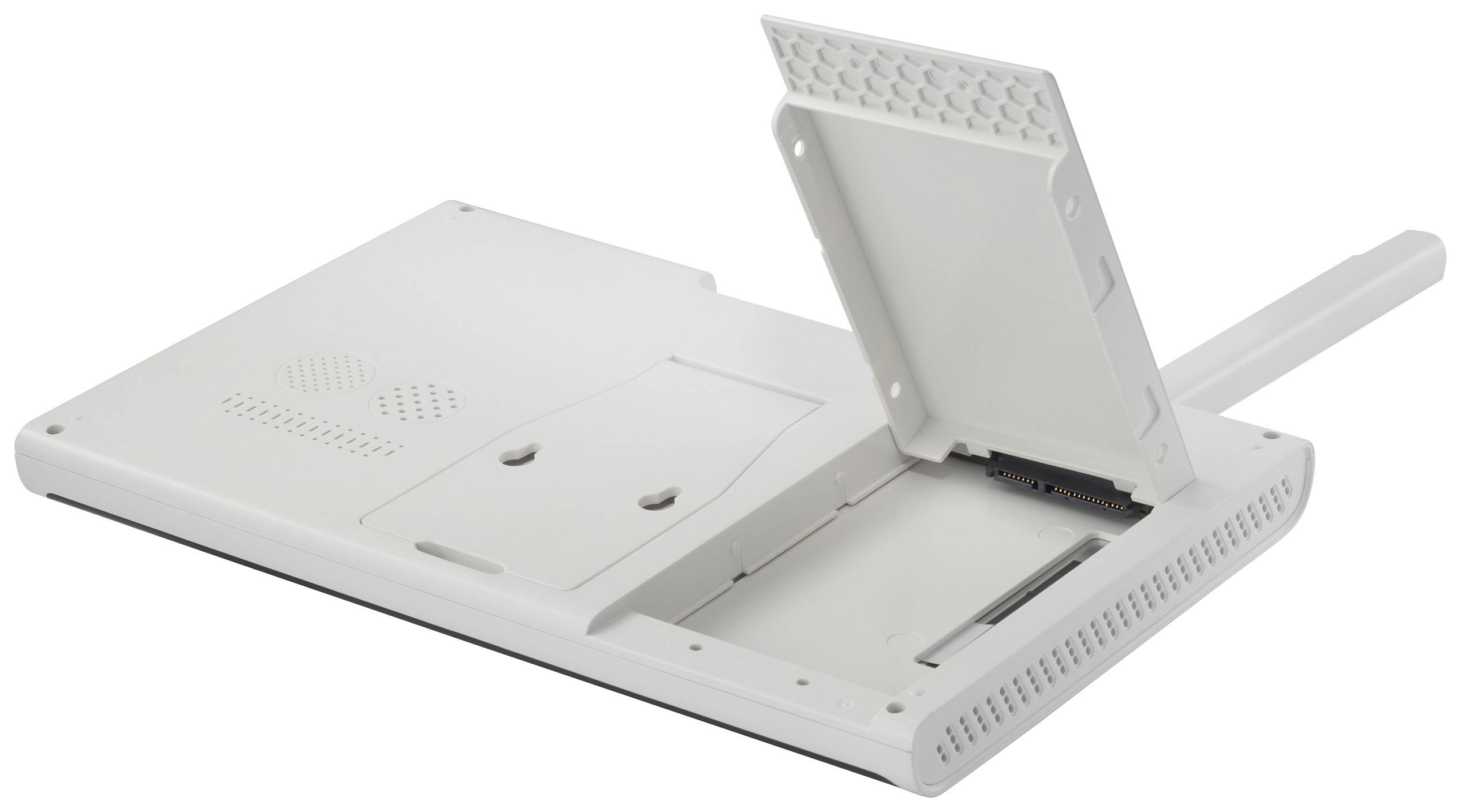 A white plastic enclosure with an open cover revealing slots for electronic components. A handle is visible in the top right corner.