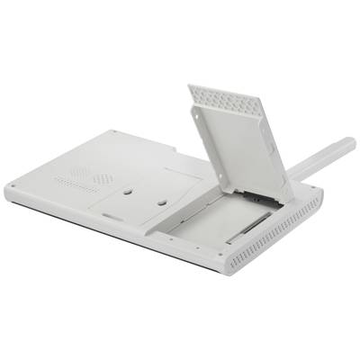 A white plastic enclosure with an open cover revealing slots for electronic components. A handle is visible in the top right corner.