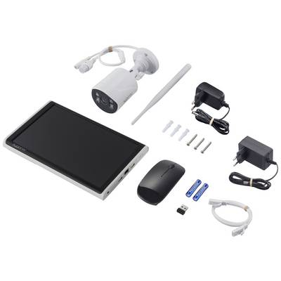 Security kit with surveillance camera, monitor, mouse, power supplies and connection cables. Components for home security installation.