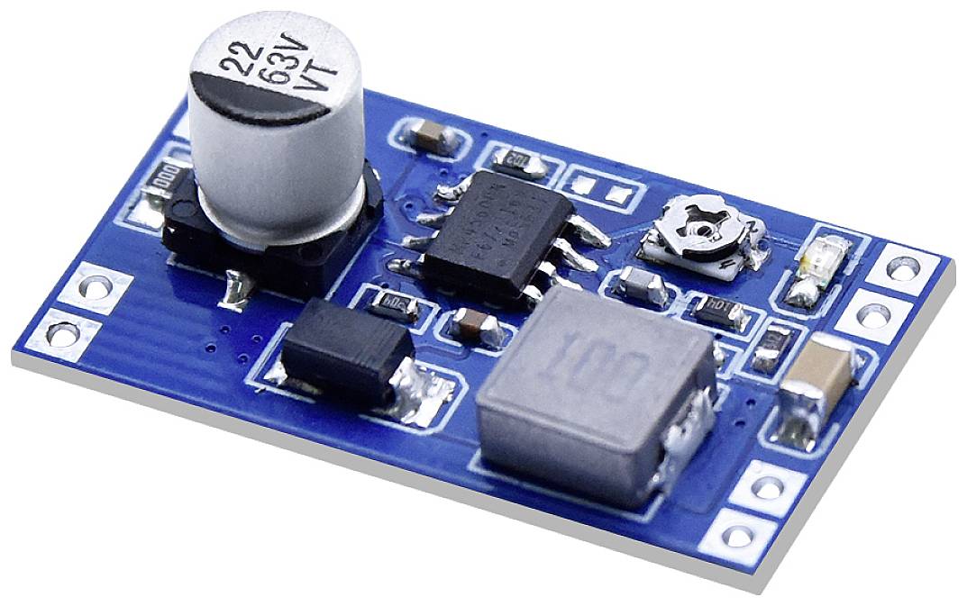 A blue printed circuit board with a capacitor, several chips and components. Possibly an electronic voltage converter module.