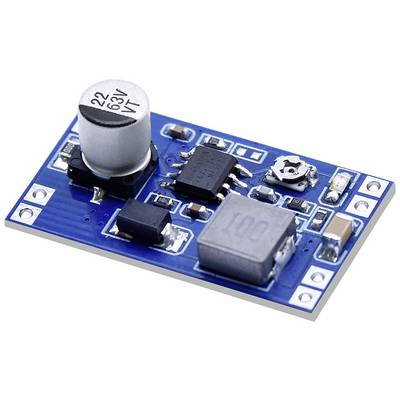A blue printed circuit board with a capacitor, several chips and components. Possibly an electronic voltage converter module.