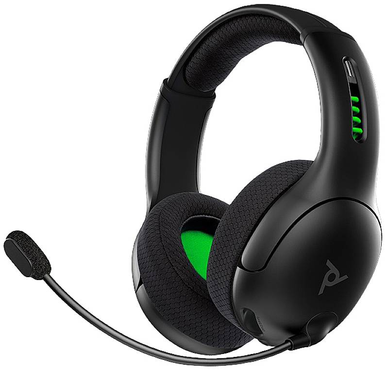 Black gaming headset with green inner padding, adjustable microphone arm, and ergonomic ear cups. Perfect for gamers.