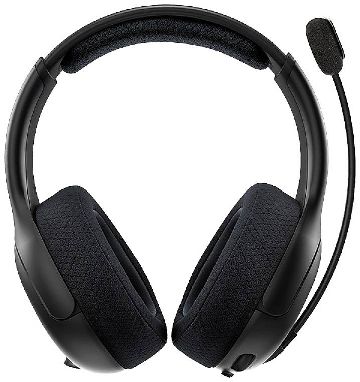Black over-ear headphones with microphone, suitable for gaming or communication, on white background.