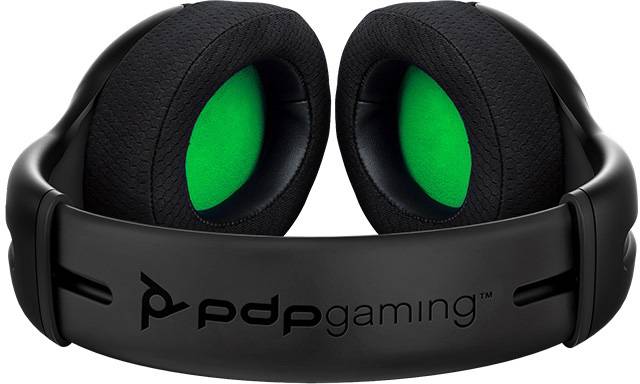 Black gaming headphones by PDP with green ear cushions, closed, front view.