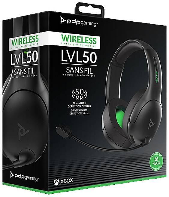 Wireless Gaming Headset PDP LVL50, packaging shows black headset with microphone. Compatible with Xbox, 50 mm drivers.