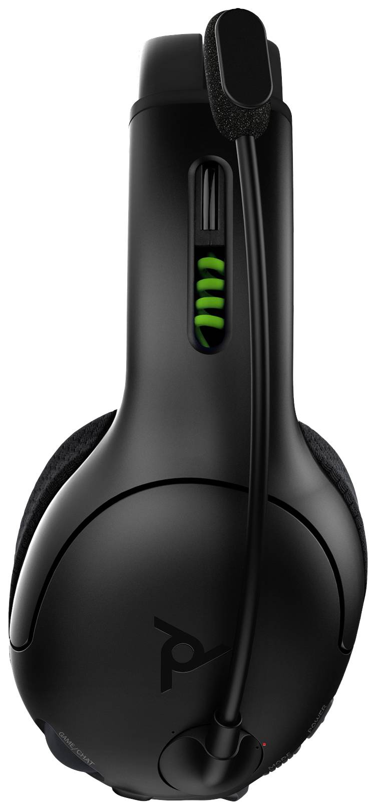Black gaming headset with curved microphone arm and green volume controls, side view.